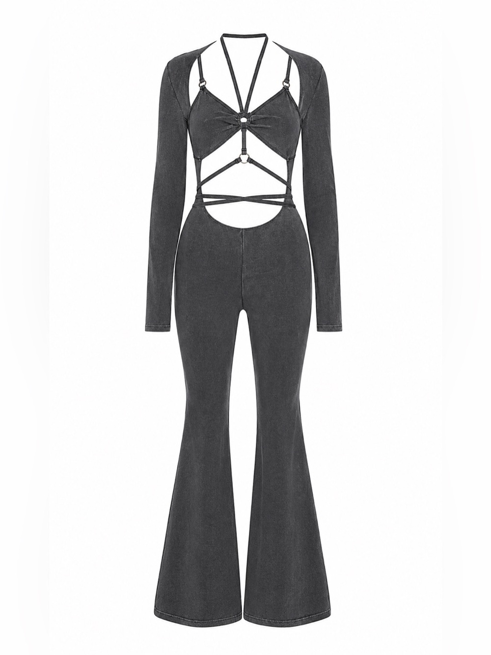 Darker Wavs Charcoal Strappy Cutout Flare Jumpsuit